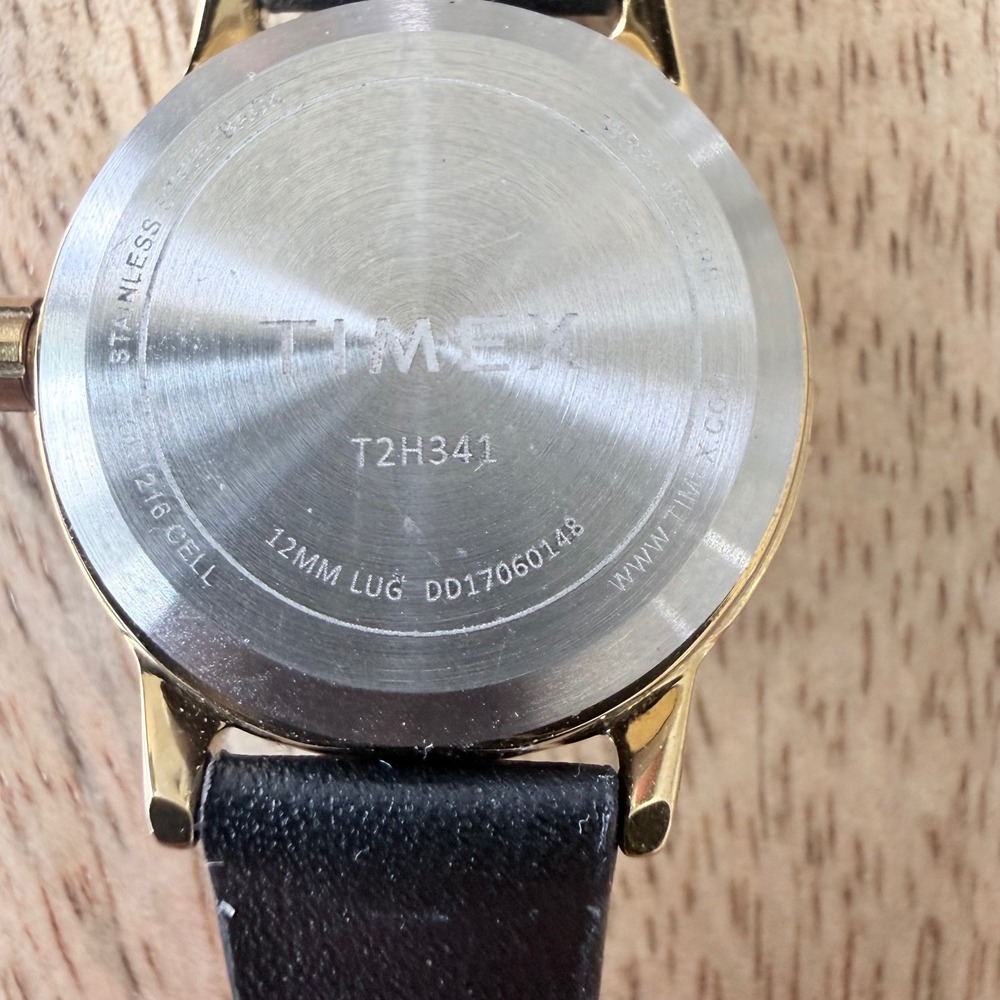 Timex T2H341 Easy Reader Indiglo Gold Tone Black Leather Watch White Dial - Picture 5 of 12